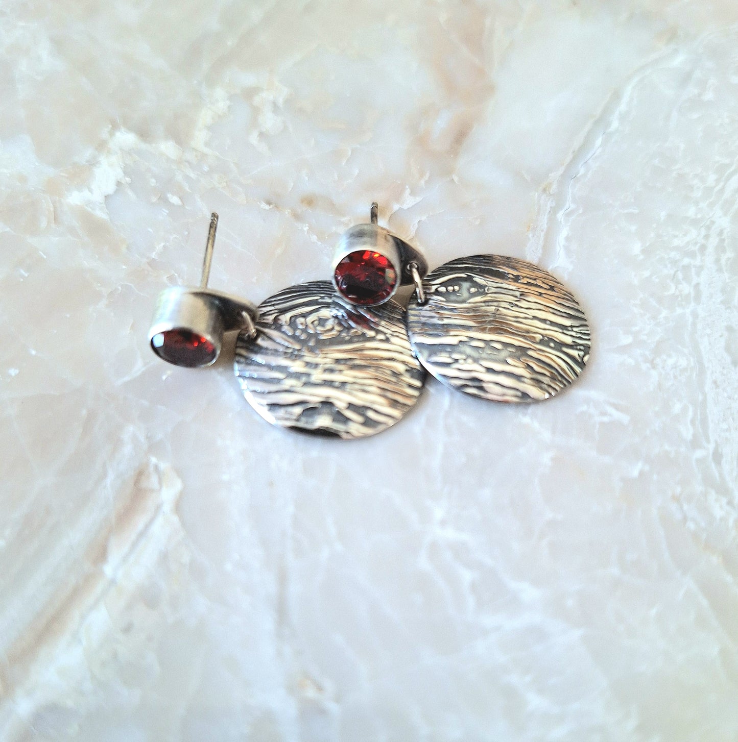 Greater Love Woodgrain Disc & CZ Earrings in Sterling Silver