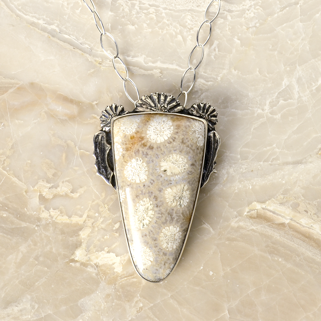 Flowers of the Field 1 Sterling Silver & Fossilized Coral Necklace