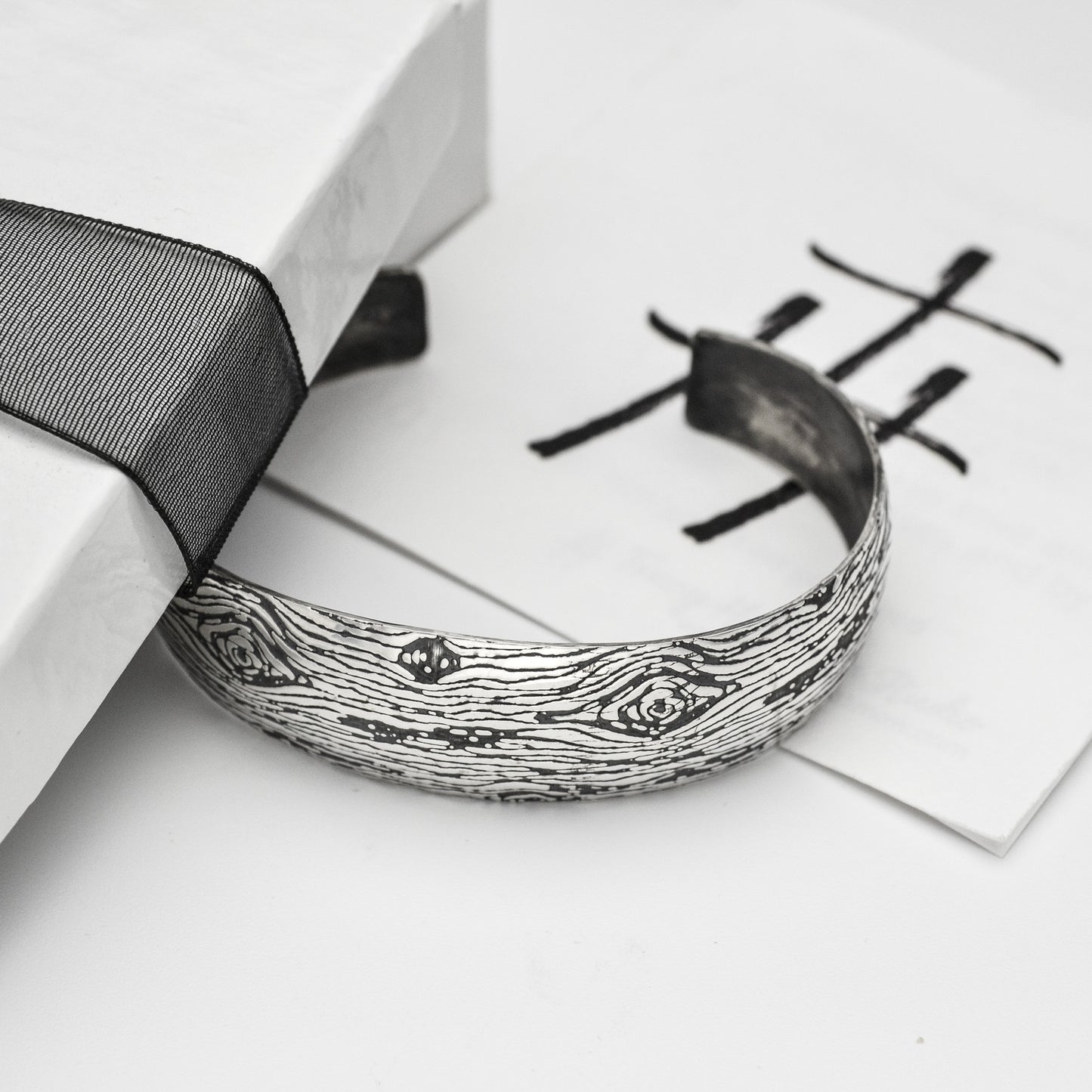 Greater Love Woodgrain Cuff Bracelet in Sterling Silver