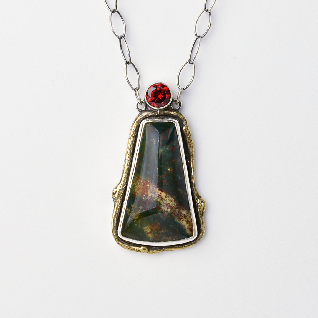 Greater Love Bloodstone & Red CZ Branch Necklace in Sterling Silver and Brass