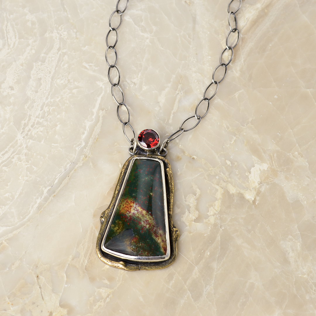 Greater Love Bloodstone & Red CZ Branch Necklace in Sterling Silver and Brass