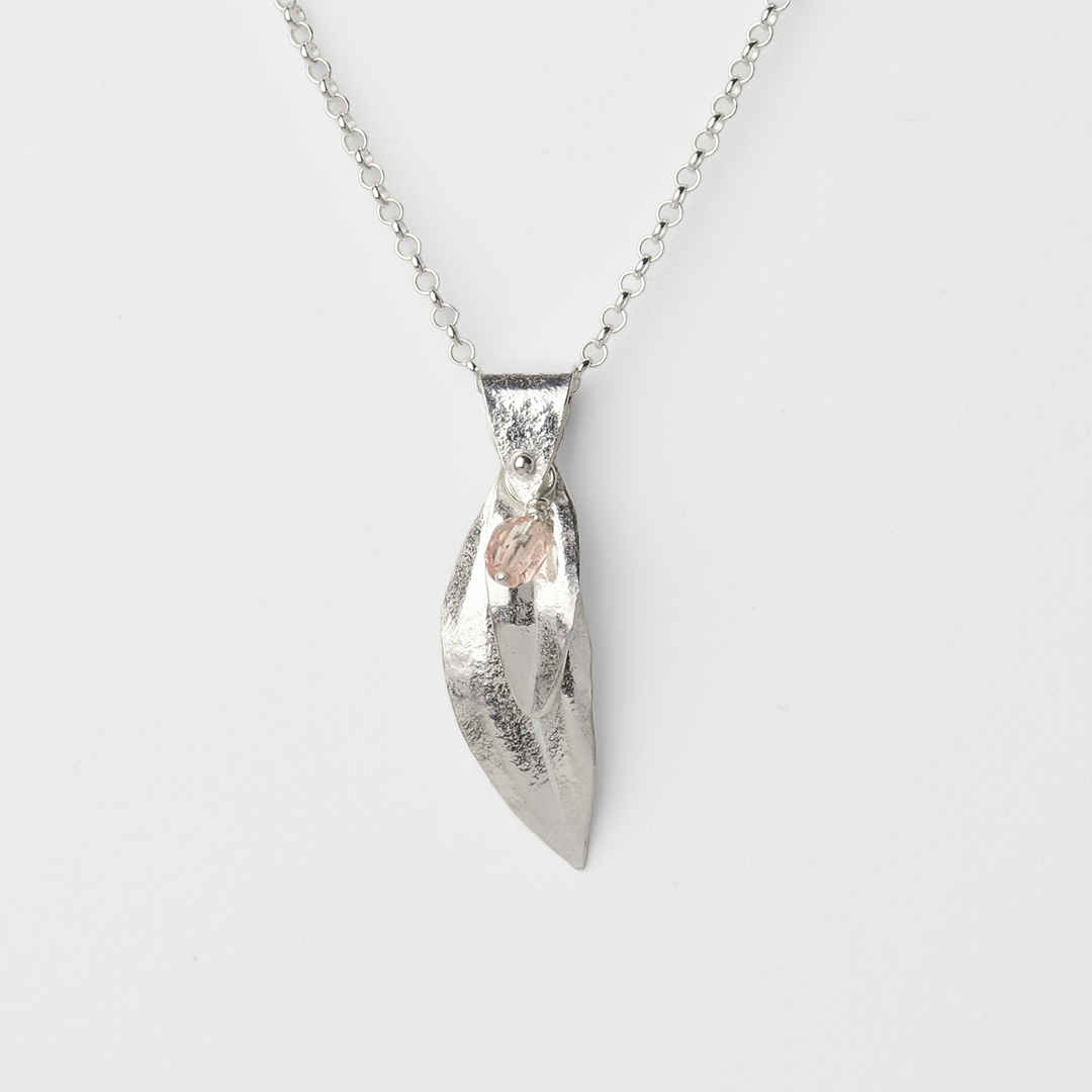 Peace Sterling Silver Olive Leaf & Pink Crystal Necklace