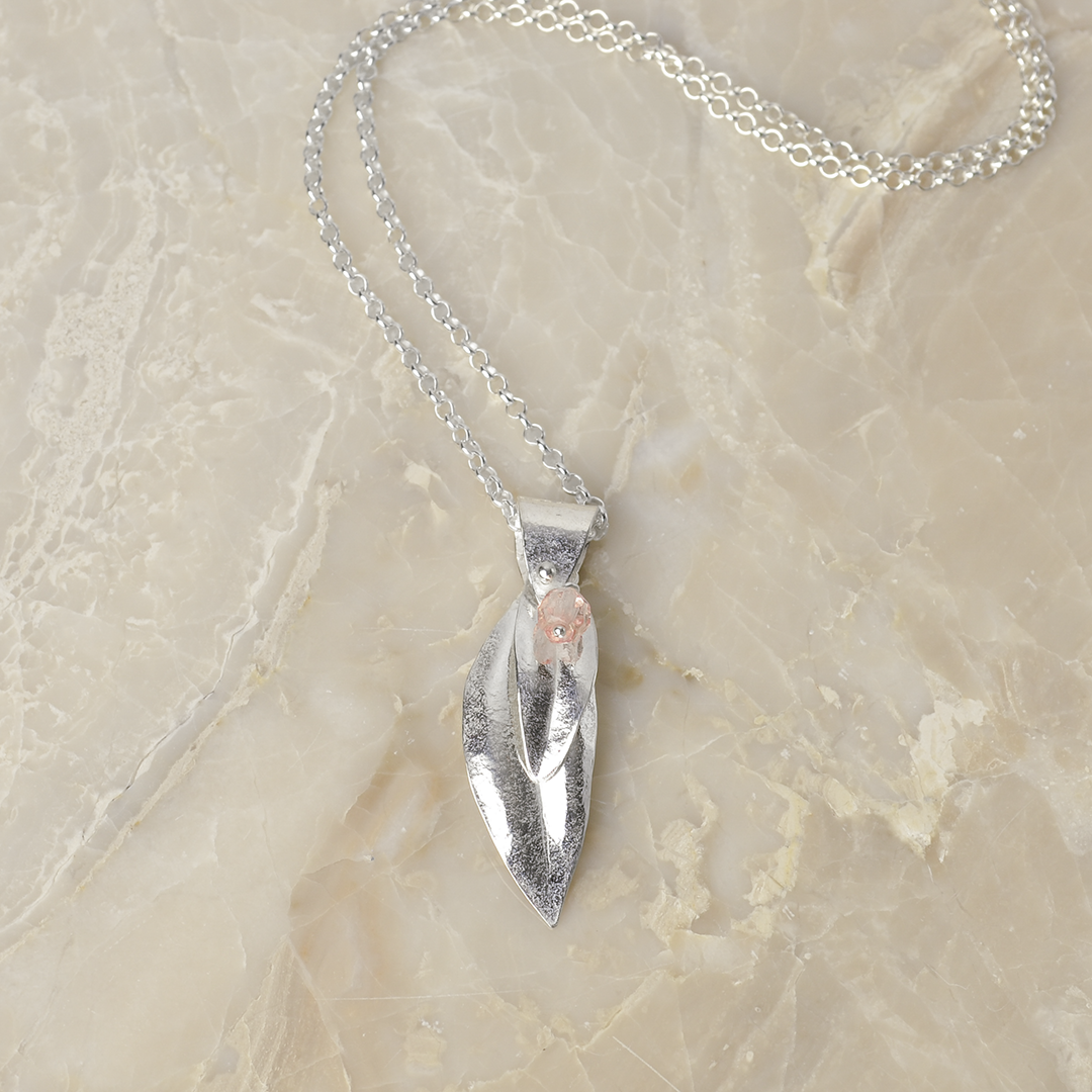 Peace Sterling Silver Olive Leaf & Pink Crystal Necklace
