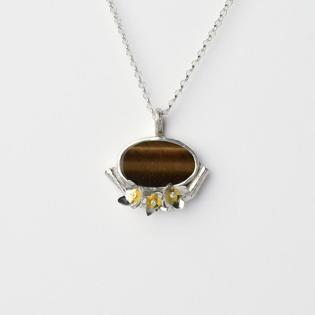 Peace Sterling Silver & 24kt Gold Olive Blossom & Tiger Eye Christian Necklace