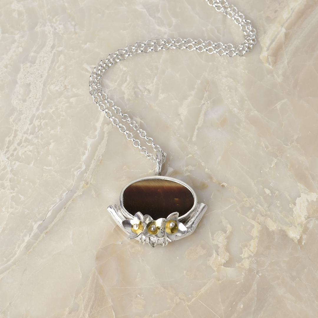 Peace Sterling Silver & 24kt Gold Olive Blossom & Tiger Eye Christian Necklace