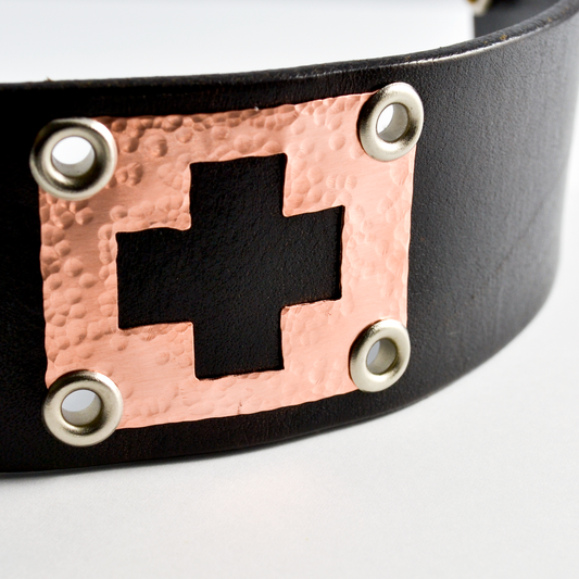 Greater Love Leather and Copper Christian Cuff Bracelet-Tracy Hibsman Studio