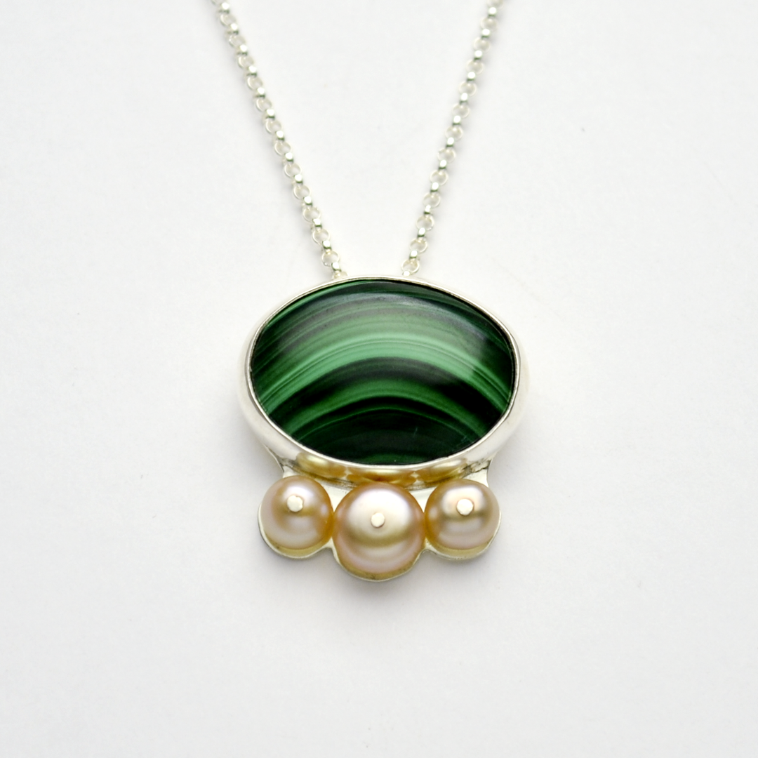 Kingdom #4 Oval Malachite, Pearl & Sterling Silver Necklace