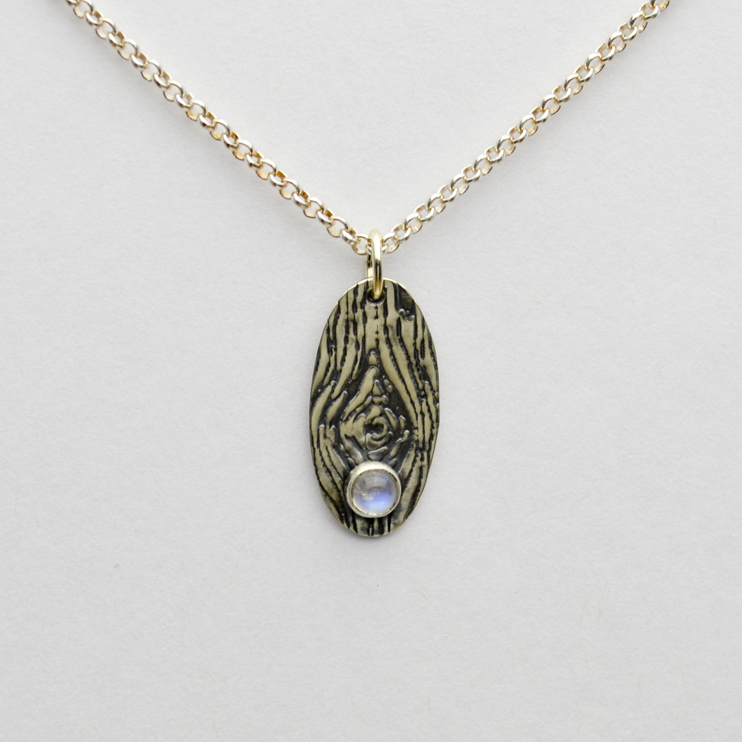 Greater Love Sterling Silver Woodgrain Necklace with Rainbow Moonstone