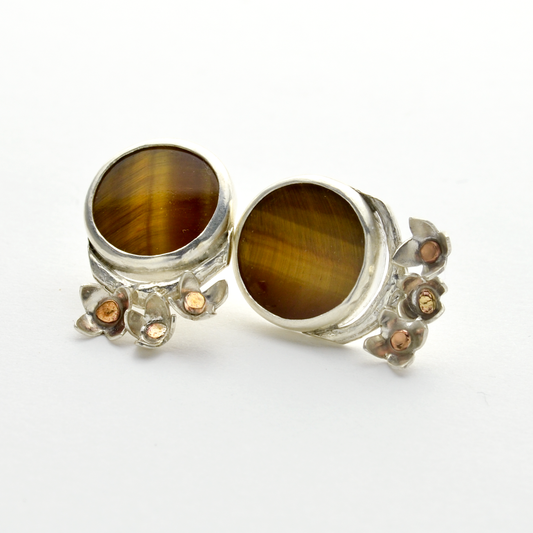 Peace Sterling Silver and Tiger Eye Olive Blossom Stud Earrings-Tracy Hibsman Studio