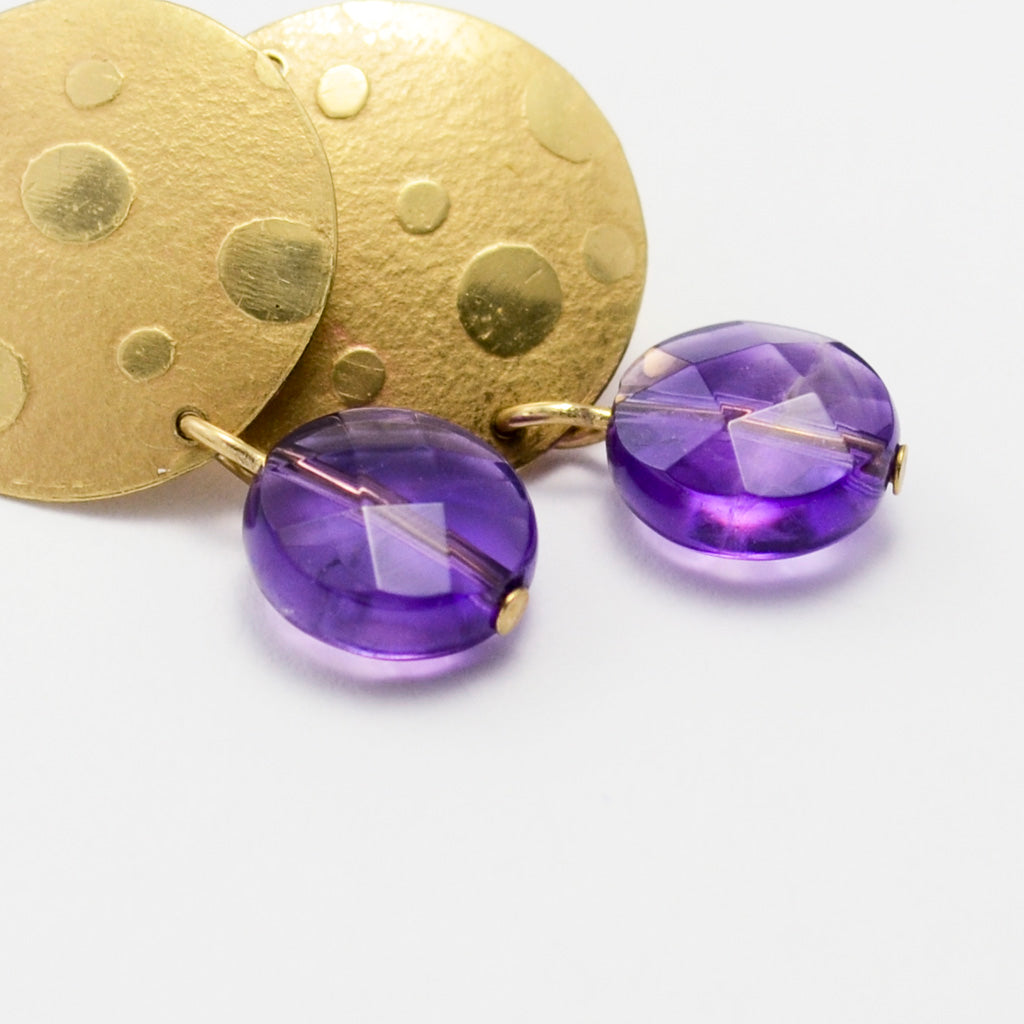 Joy Brass and Amethyst Textured Disc Earrings-Tracy Hibsman Studio