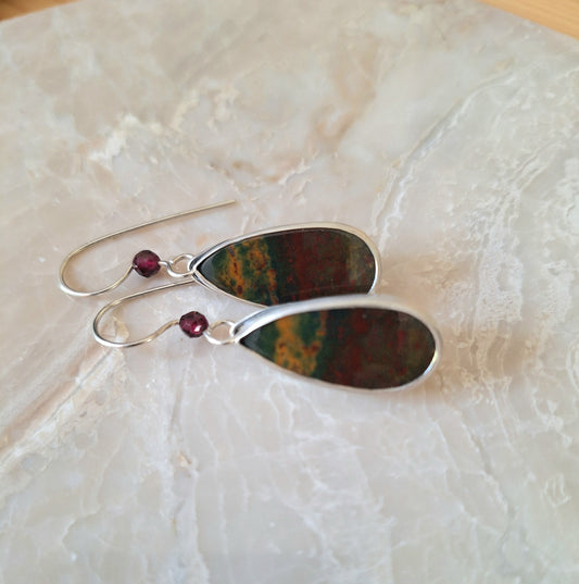 Greater Love Bloodstone & Garnet Earrings in Sterling Silver