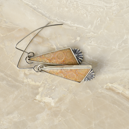 Flowers of the Field Fossilized Coral Triangle Dangle Earrings in Silver
