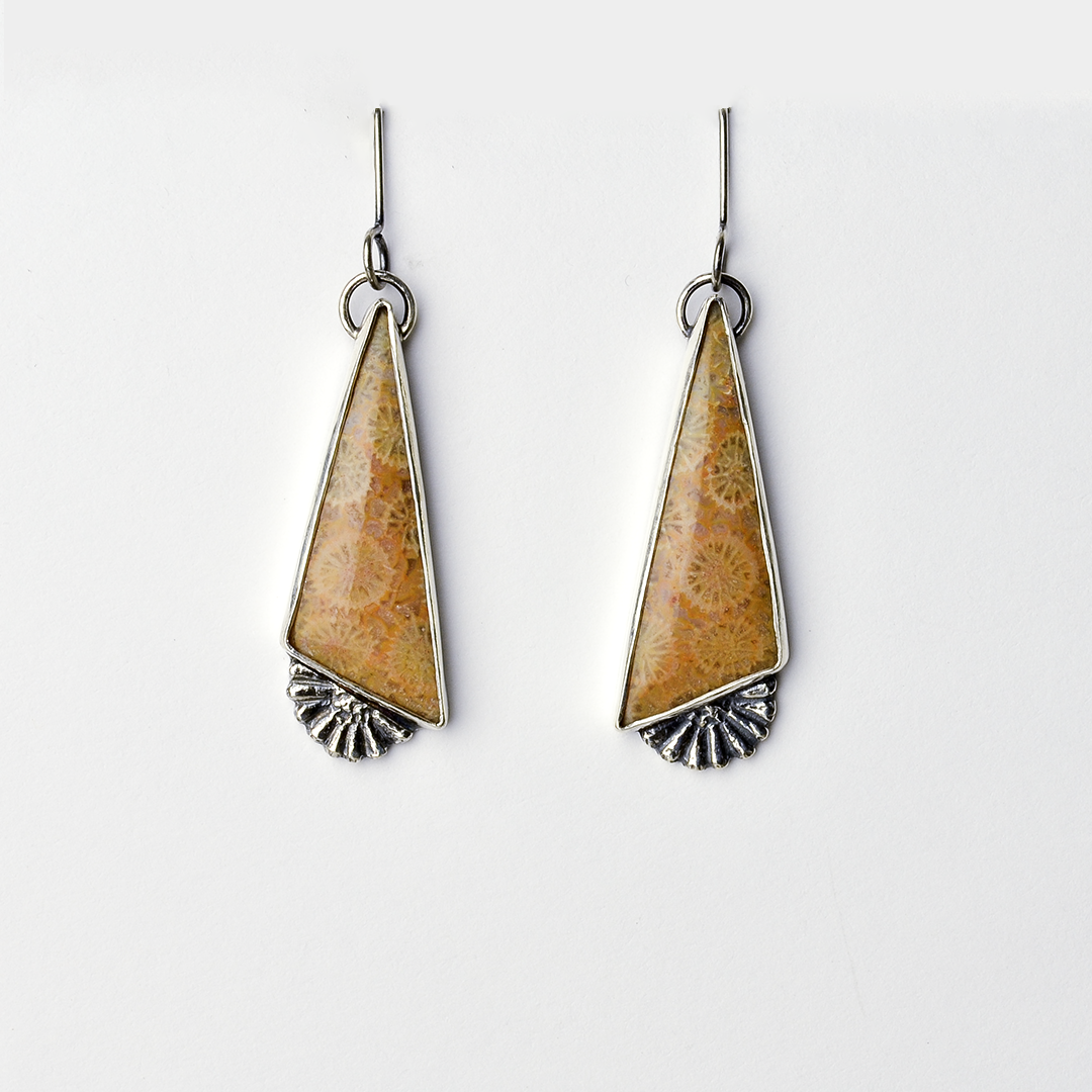 Flowers of the Field Fossilized Coral Triangle Dangle Earrings in Silver