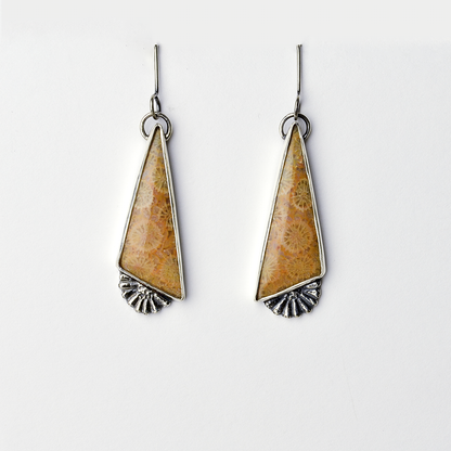 Flowers of the Field Fossilized Coral Triangle Dangle Earrings in Silver