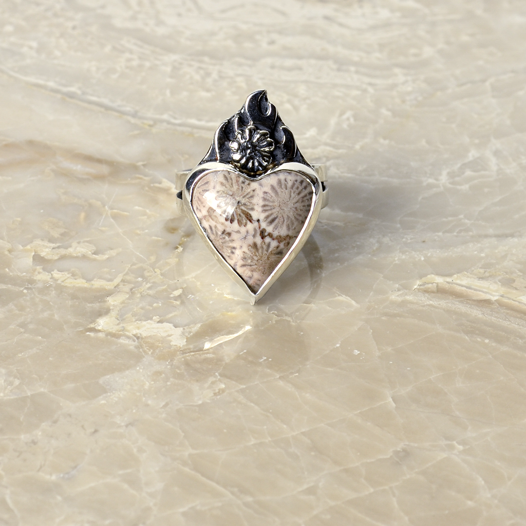 Flowers of the Field Fossil Coral Small Sacred Heart Ring in Sterling Silver