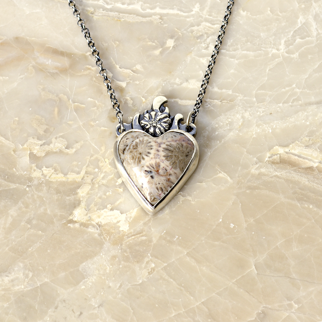 Flowers of the Field Fossil Coral Small Sacred Heart Necklace in Sterling Silver