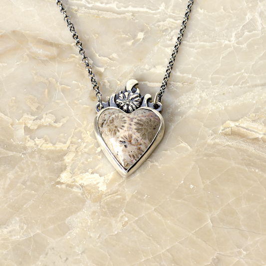 Flowers of the Field Fossil Coral Small Sacred Heart Necklace in Sterling Silver