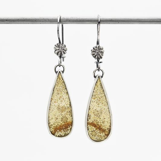 Flowers of the Field Fossil Coral Tear Drop Dangle Earrings in Sterling Silver