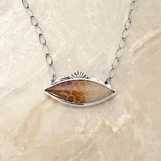 Flowers of the Field Fossilized Coral Marquis Necklace with Silver Flower & Leaves