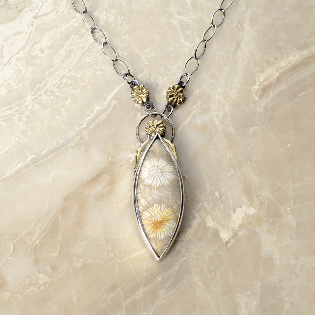 Flowers of the Field Fossilized Coral Necklace in Sterling Silver and Bronze