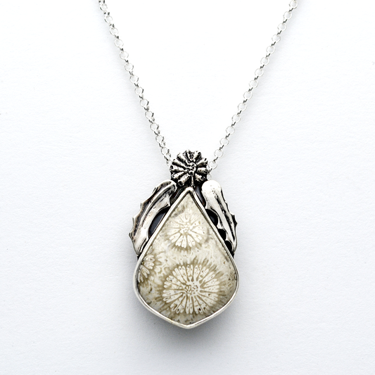 Flowers of the Field Fossil Coral Pointed Tier Drop Necklace in Sterling Silver