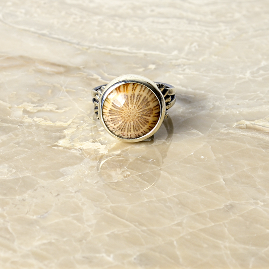 Flowers of the Field Ring in Sterling Silver & Round Fossilized Coral