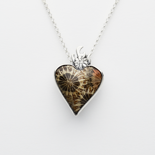 Flowers of the Field Fossil Coral Sacred Heart Necklace in Sterling Silver