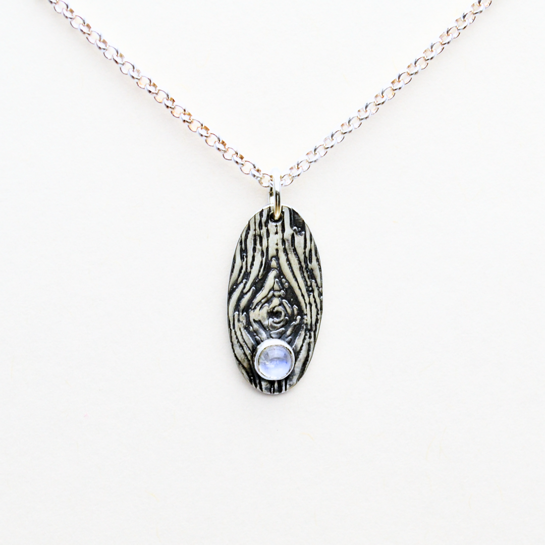 Greater Love Sterling Silver Woodgrain Necklace with Rainbow Moonstone