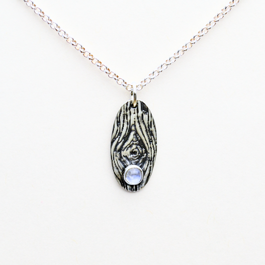 Greater Love Sterling Silver Woodgrain Necklace with Rainbow Moonstone