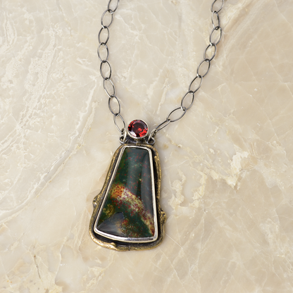 Greater Love Bloodstone & Red CZ Branch Necklace in Sterling Silver and Brass
