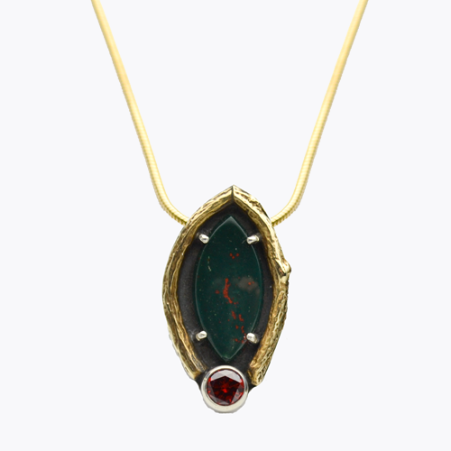 Custom Greater Love Bloodstone Marquis Necklace in Sterling Silver, Brass with Gold Vermeil Chain