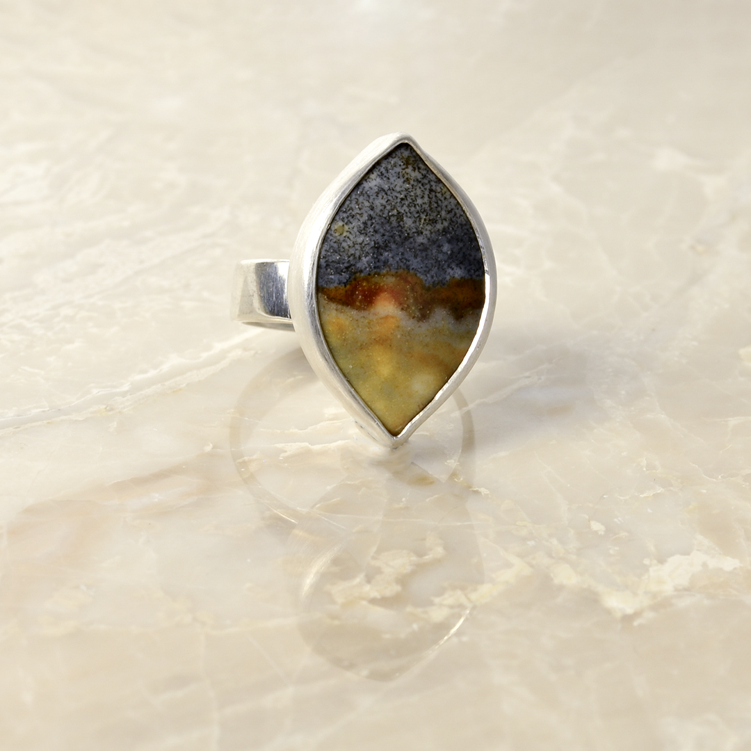 Journey Starry Night Landscape Jasper Marquis Ring in Sterling Silver