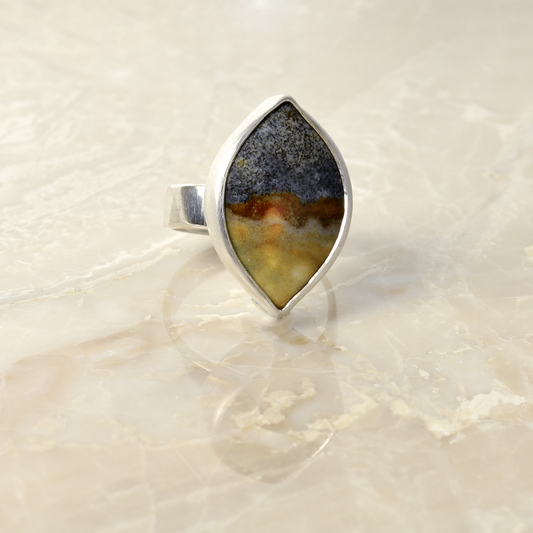 Journey Starry Night Landscape Jasper Marquis Ring in Sterling Silver