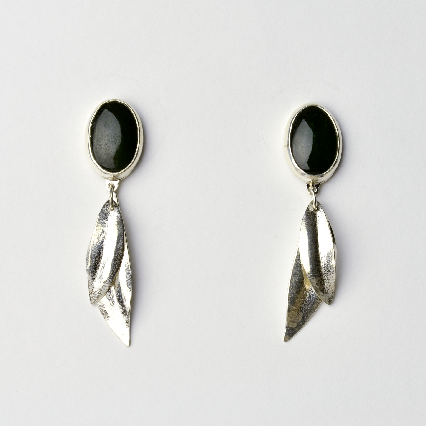 Peace Green Jade and Sterling Silver Olive Leaf Earrings