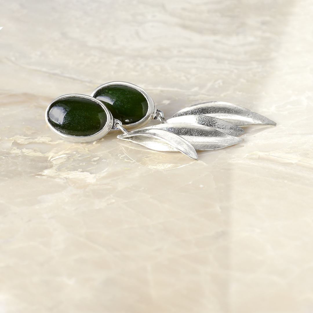 Peace Green Jade and Sterling Silver Olive Leaf Earrings