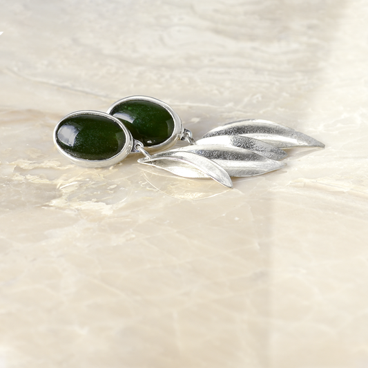 Peace Green Jade and Sterling Silver Olive Leaf Earrings