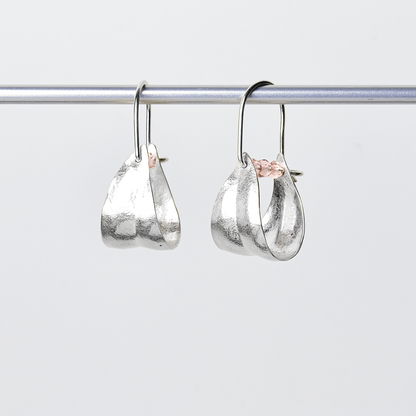 Peace Olive Leaf Hoop Earrings in Sterling Silver and Pink Crystal