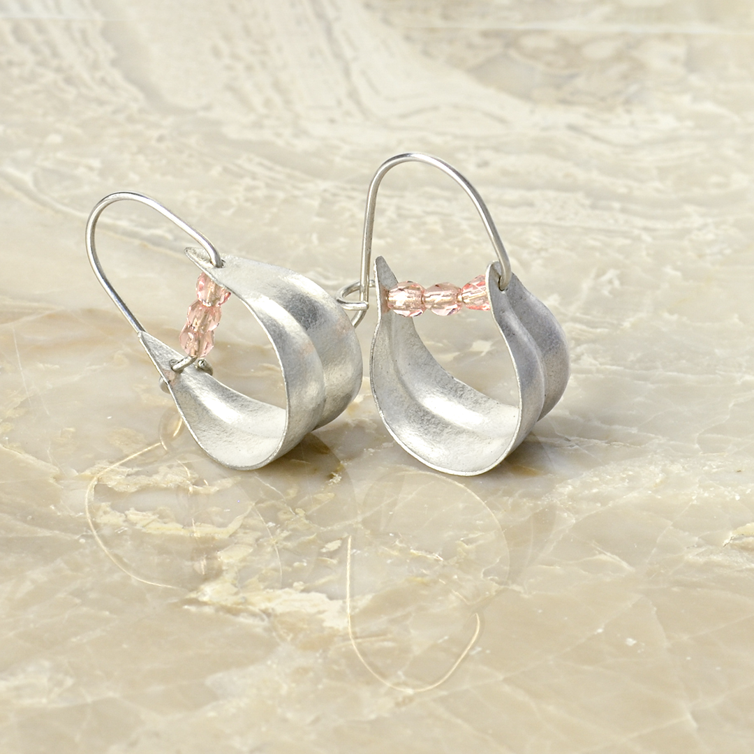 Peace Olive Leaf Hoop Earrings in Sterling Silver and Pink Crystal