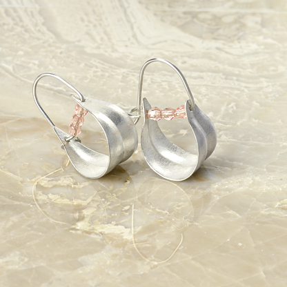 Peace Olive Leaf Hoop Earrings in Sterling Silver and Pink Crystal