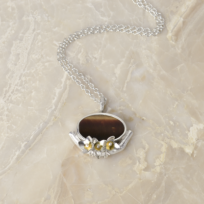 Peace Sterling Silver & 24kt Gold Olive Blossom & Tiger Eye Christian Necklace