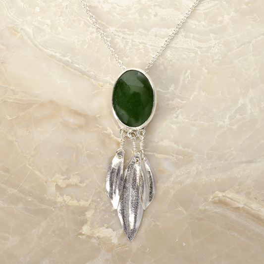 Peace Jade & Olive Leaf Dangles Necklace in Sterling Silver