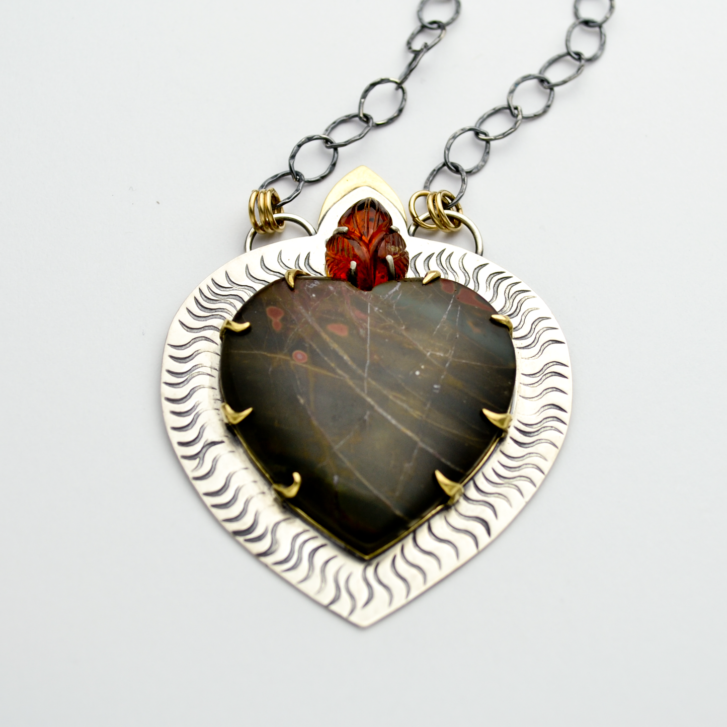Ardor Sacred Heart of Jesus #4 Sterling Silver, Brass Flames Necklace