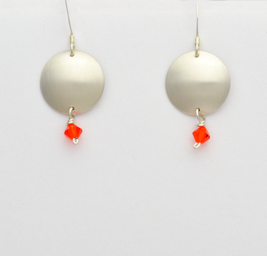 Journey Brushed Silver Disc Dangle Earrings with Orange Crystal