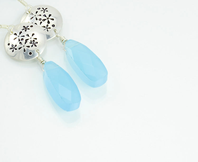 Flowers of the Field Sterling Silver Disc Earrings with Blue Chalcedony-Tracy Hibsman Studio