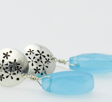 Flowers of the Field Sterling Silver Disc Earrings with Blue Chalcedony-Tracy Hibsman Studio