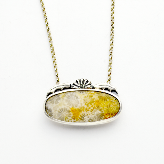 Flowers of the Field 4 Sterling Silver Calendula & Fossil Coral Necklace