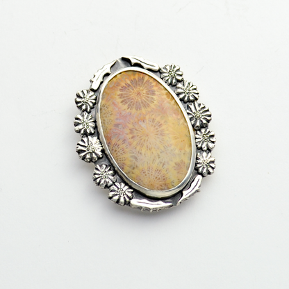 Flowers of the Field 2 Sterling Silver & Fossil Coral Brooch and Pendant