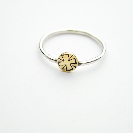 Greater Love Stamped Cross Sterling Silver & Brass Stacker Ring