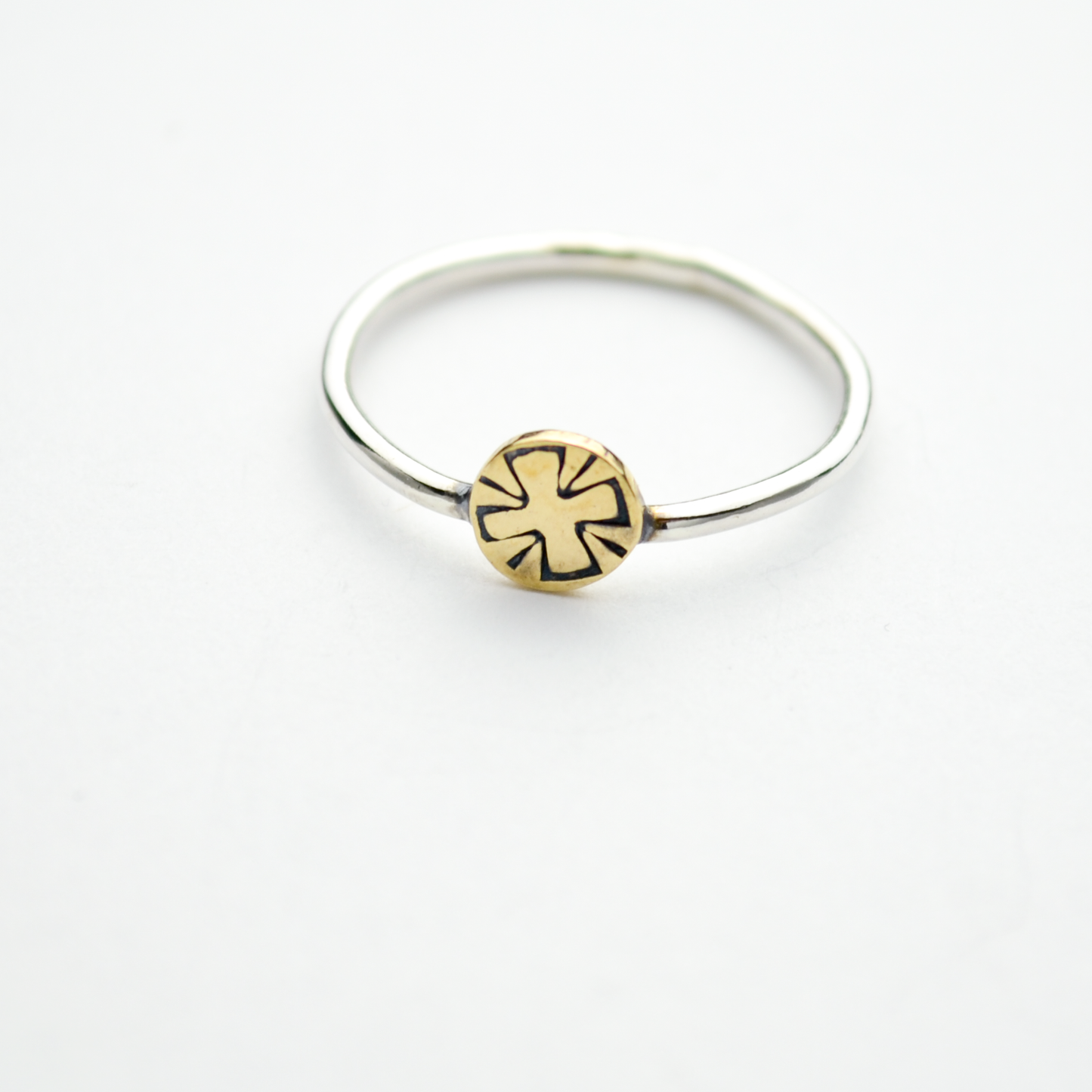 Greater Love Stamped Cross Sterling Silver & Brass Stacker Ring
