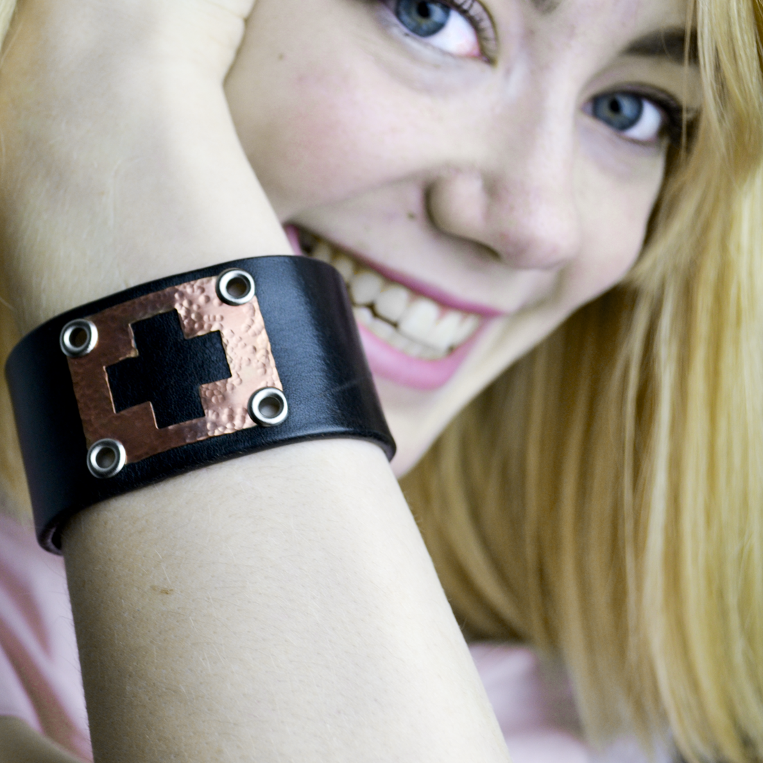 Greater Love Leather and Copper Christian Cuff Bracelet-Tracy Hibsman Studio